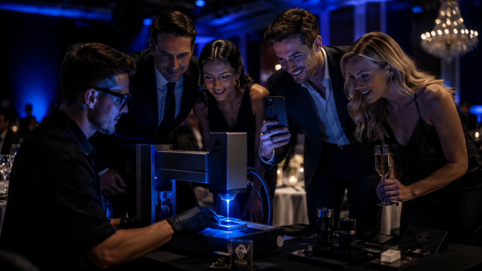 Guests watching live laser engraving at an event