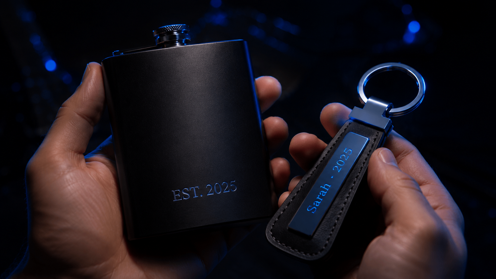 Engraved flask and keychain in hand