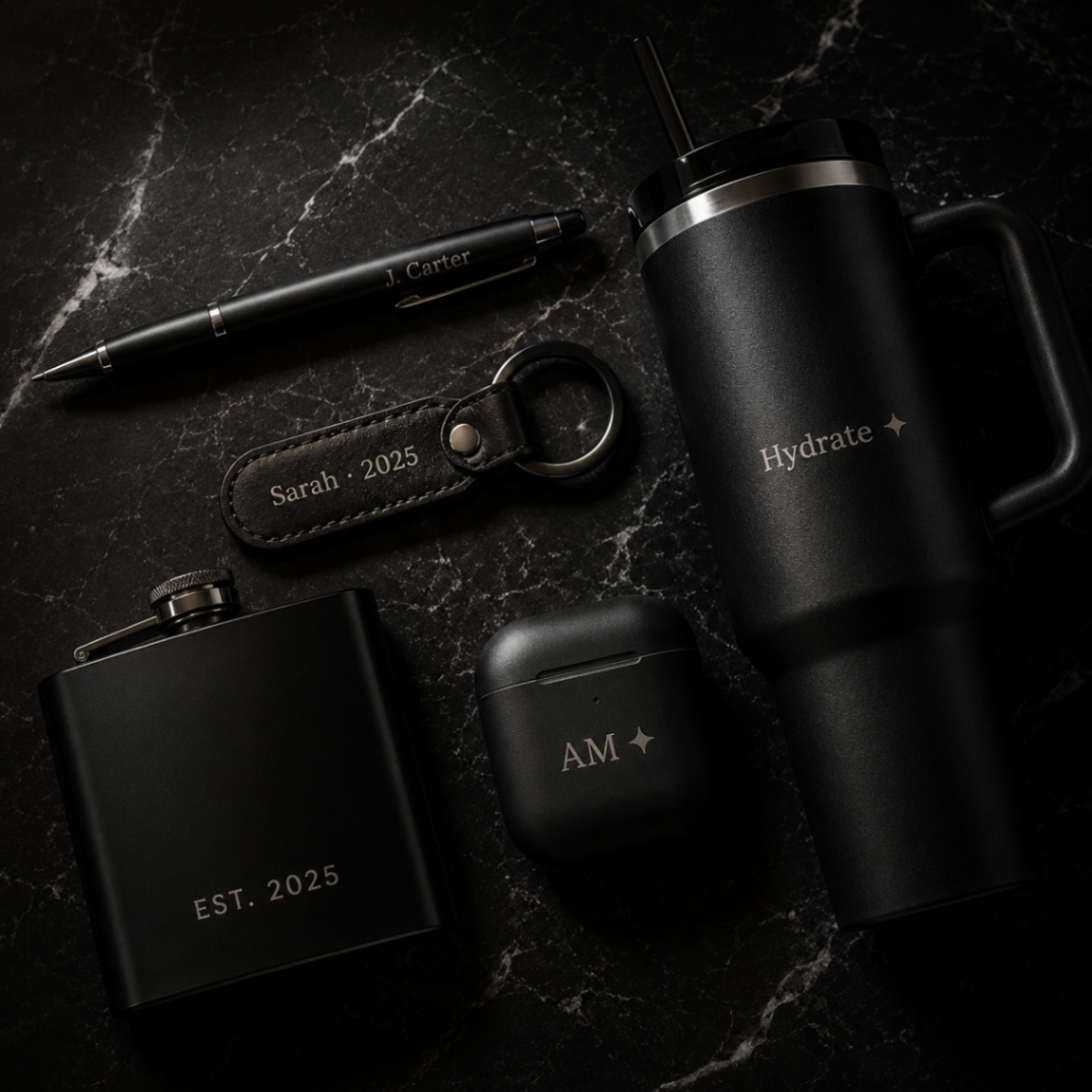 Flat lay of engraved event-friendly items